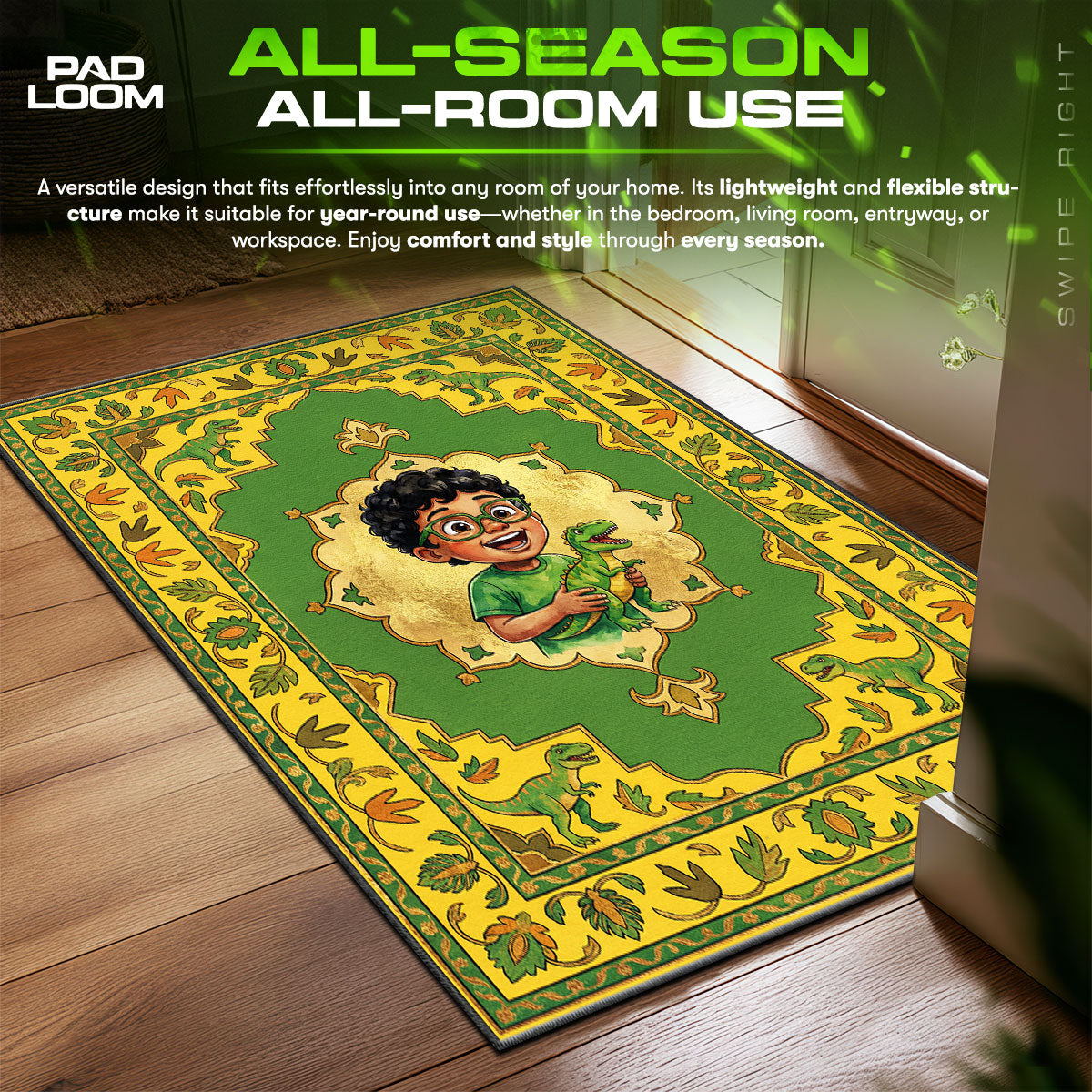 Dinosaur Adventure Green Kids Room Floor fan rug — premium quality print