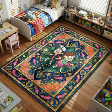 Dipper and Mabel Gravity Falls area rug with pine trees and shooting stars on navy tapestry