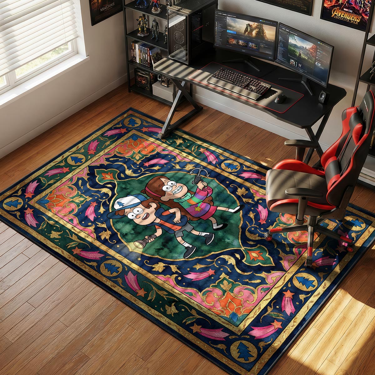 Close-up of Dipper and Mabel area rug showing pink shooting star and navy velvet texture