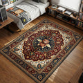 Director Chimera stuffed lion doll sitting in a red and blue Persian style area rug and floor mat