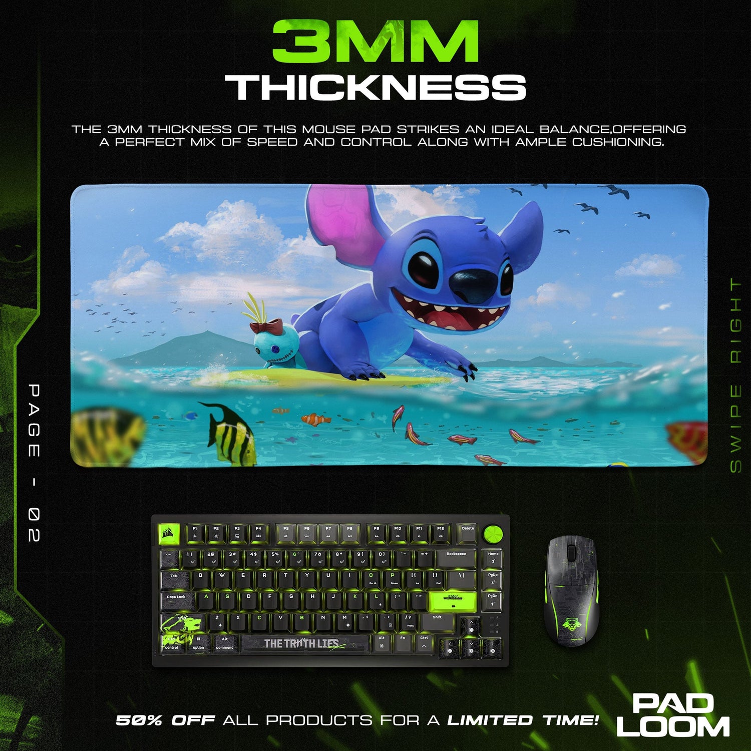 Disney Stitch Ocean Play Mouse Pad, Cartoon Gaming Desk Mat Padloom