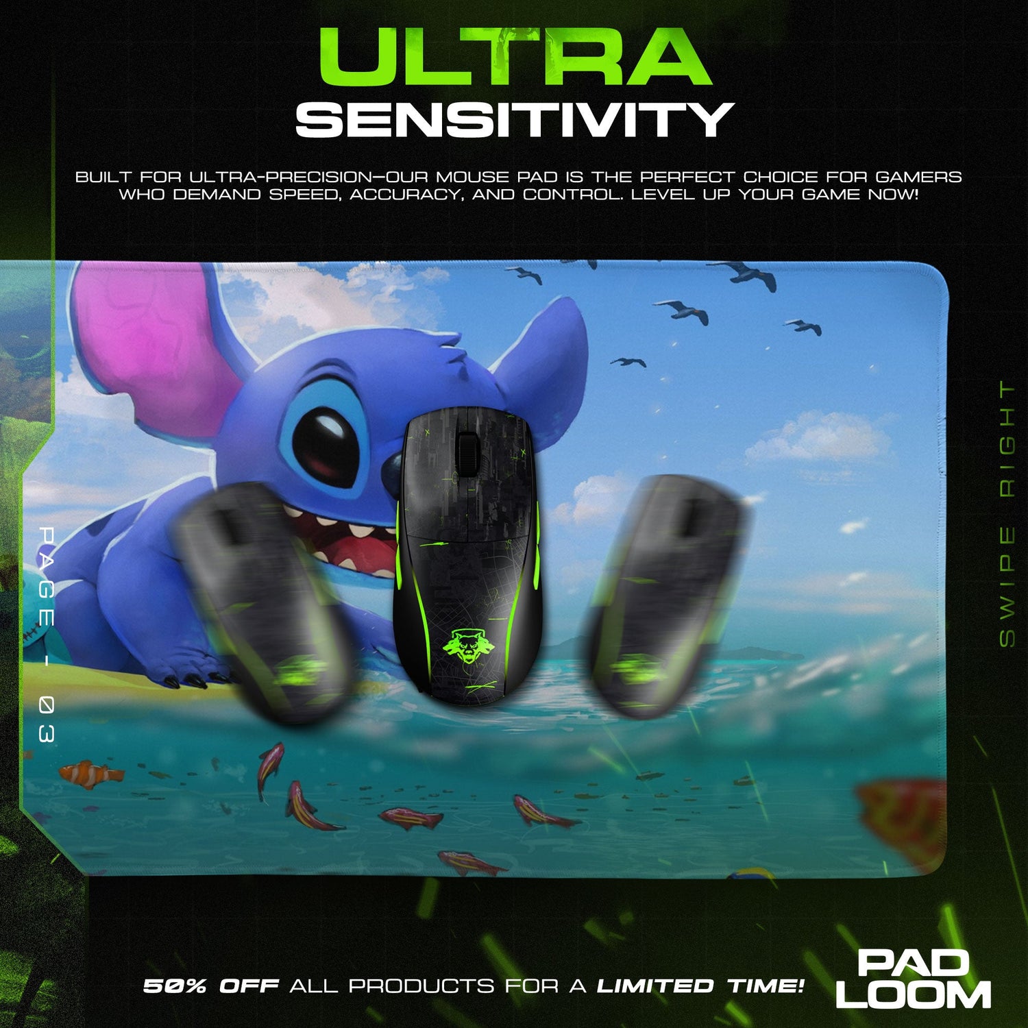 Disney Stitch Ocean Play Mouse Pad, Cartoon Gaming Desk Mat Padloom