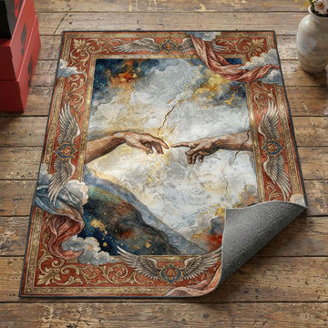 Renaissance divine touch area rug with two reaching hands on cracked fresco sky with angel wings