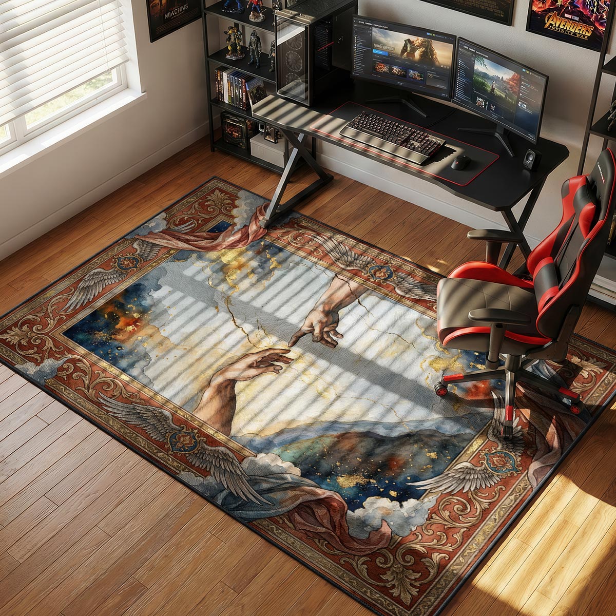 Divine touch rug placed in a living room with high ceilings and warm terracotta walls