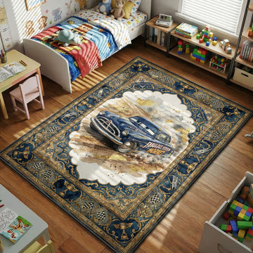 Doc Hudson Hornet Cars kids area rug with trophies and dust track on navy gold tapestry