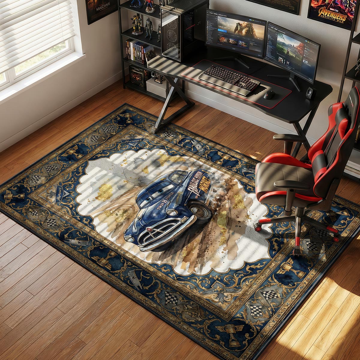 Doc Hudson rug in a vintage-styled kids room with dark wood shelves and warm brass lamp