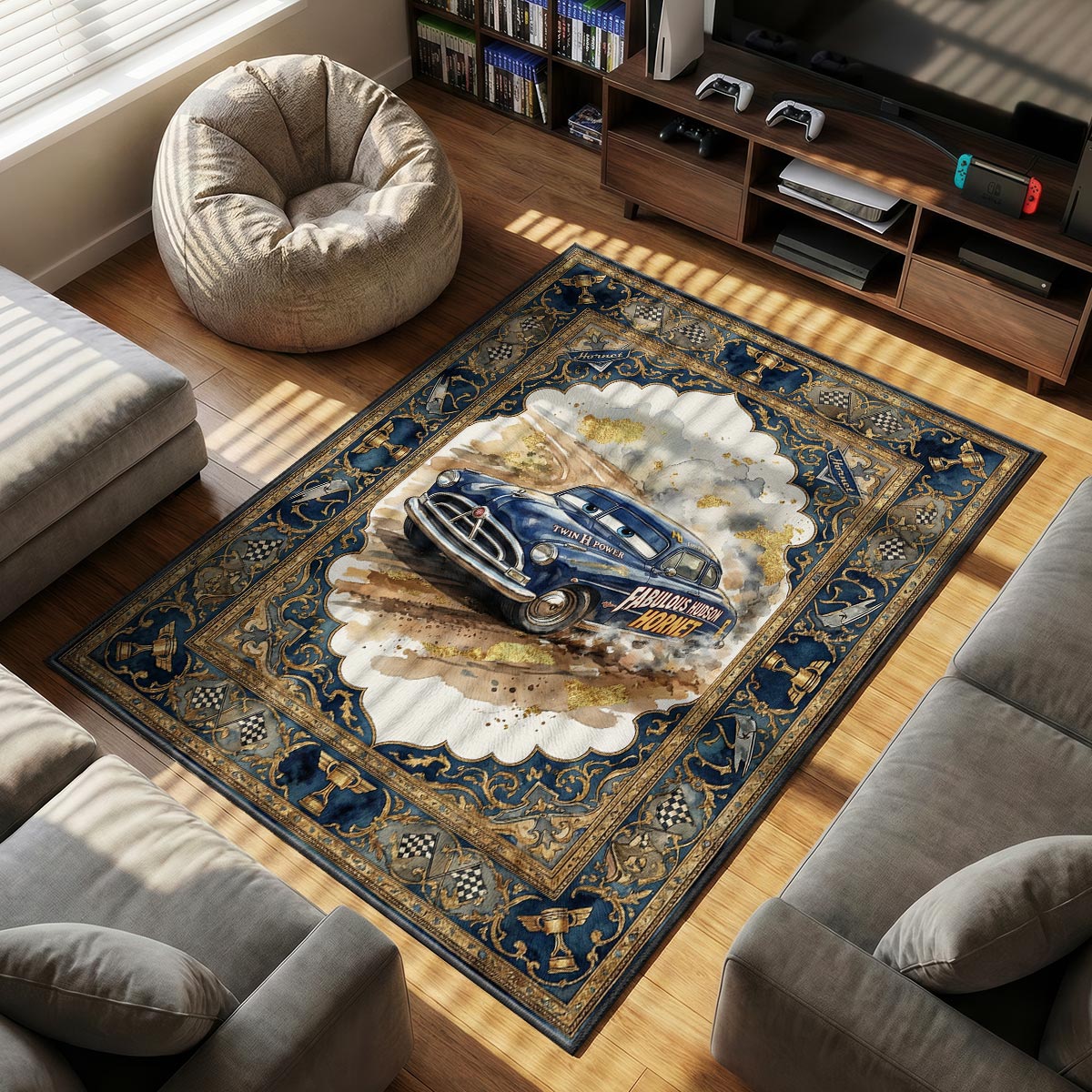Close-up of Doc Hudson area rug showing dirt track dust detail and navy gold velvet texture