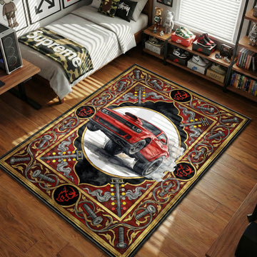 Dodge Challenger SRT Demon launching wheelie red and gold hypebeast area rug