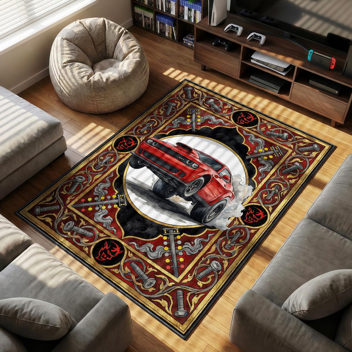 Dodge SRT themed area rug for home decor fans