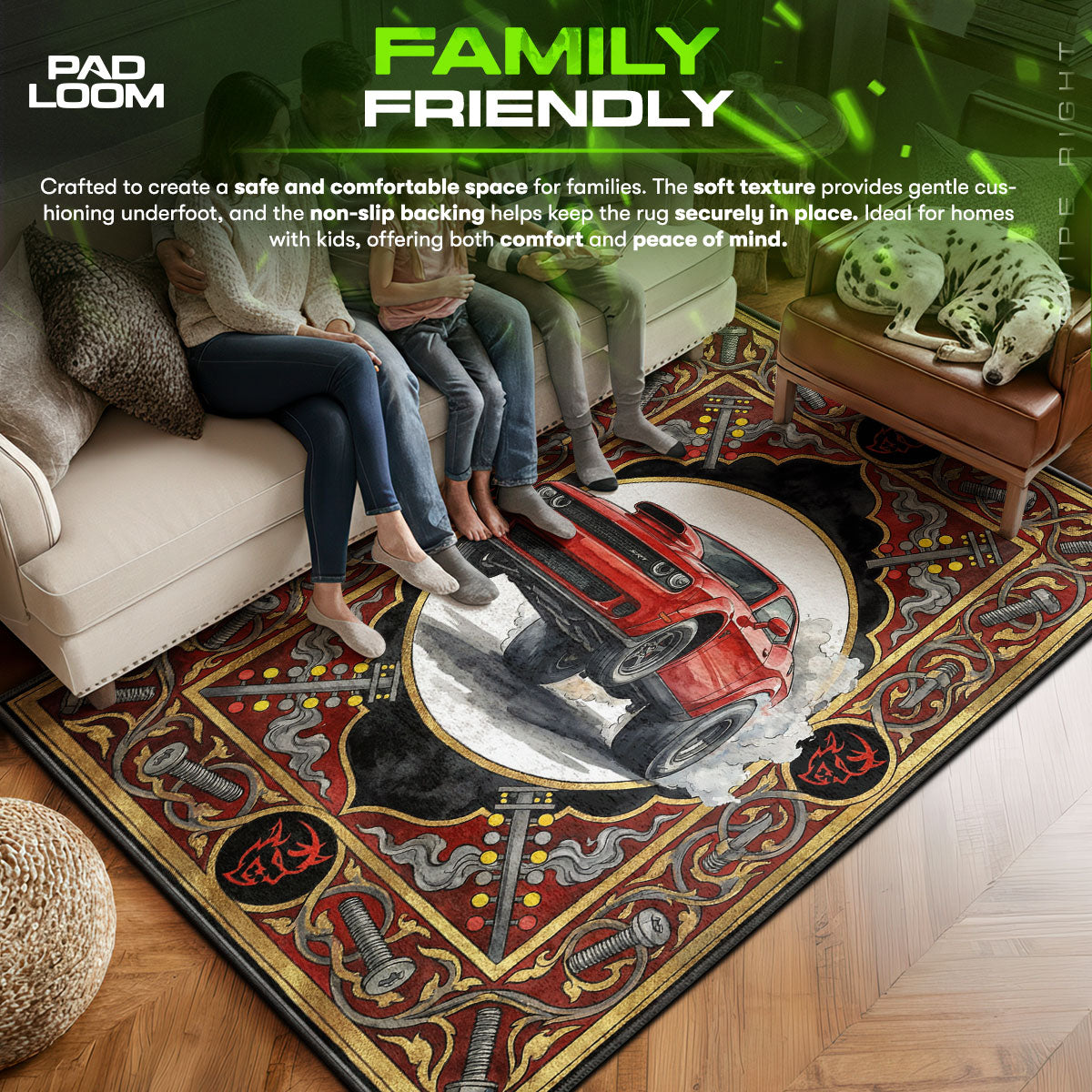 Dodge area rug showing full home decor artwork