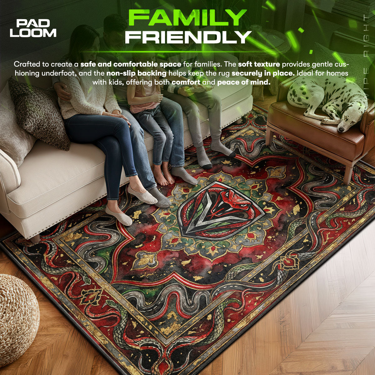 Dodge area rug showing full home decor artwork