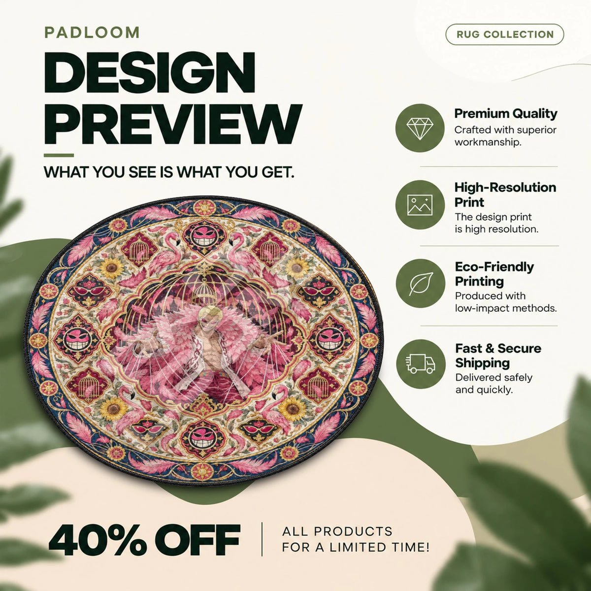 Doflamingo Puppeteer One Piece round rug full design preview