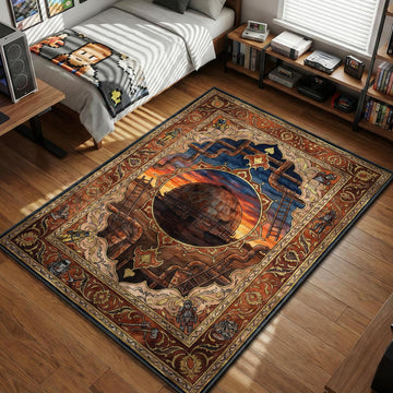 Rust Dome monument scenery with hazmat suit survivors climbing ladders industrial art style gaming area rug and floor mat