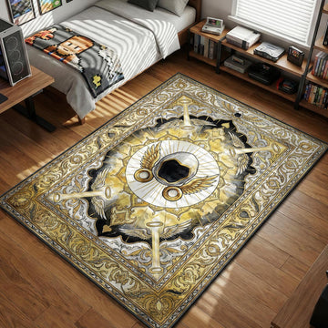 Roblox Dominus hood character with angelic wings and golden trumpets in celestial pattern gaming area rug and floor mat