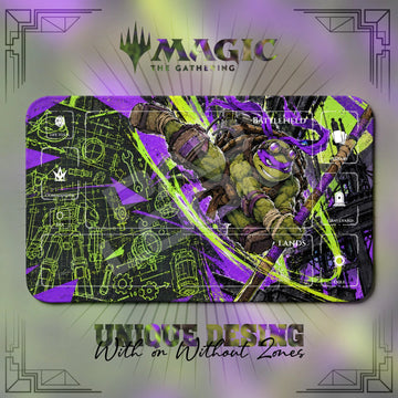 Donatello Blueprint TMNT MTG playmat, green and purple art with play zones, 24 x 14 in