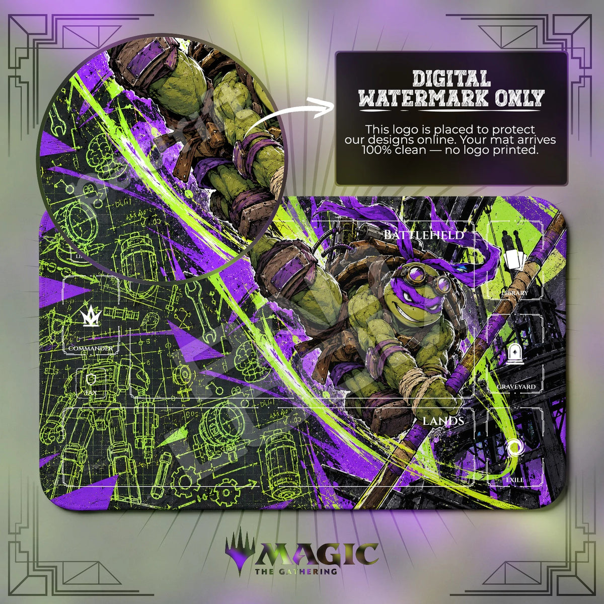 Donatello Blueprint TMNT MTG playmat with zones; the Padloom watermark is digital only, not printed