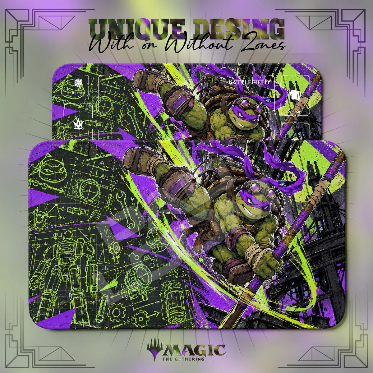 Donatello Blueprint TMNT MTG playmat shown with zones and without zones
