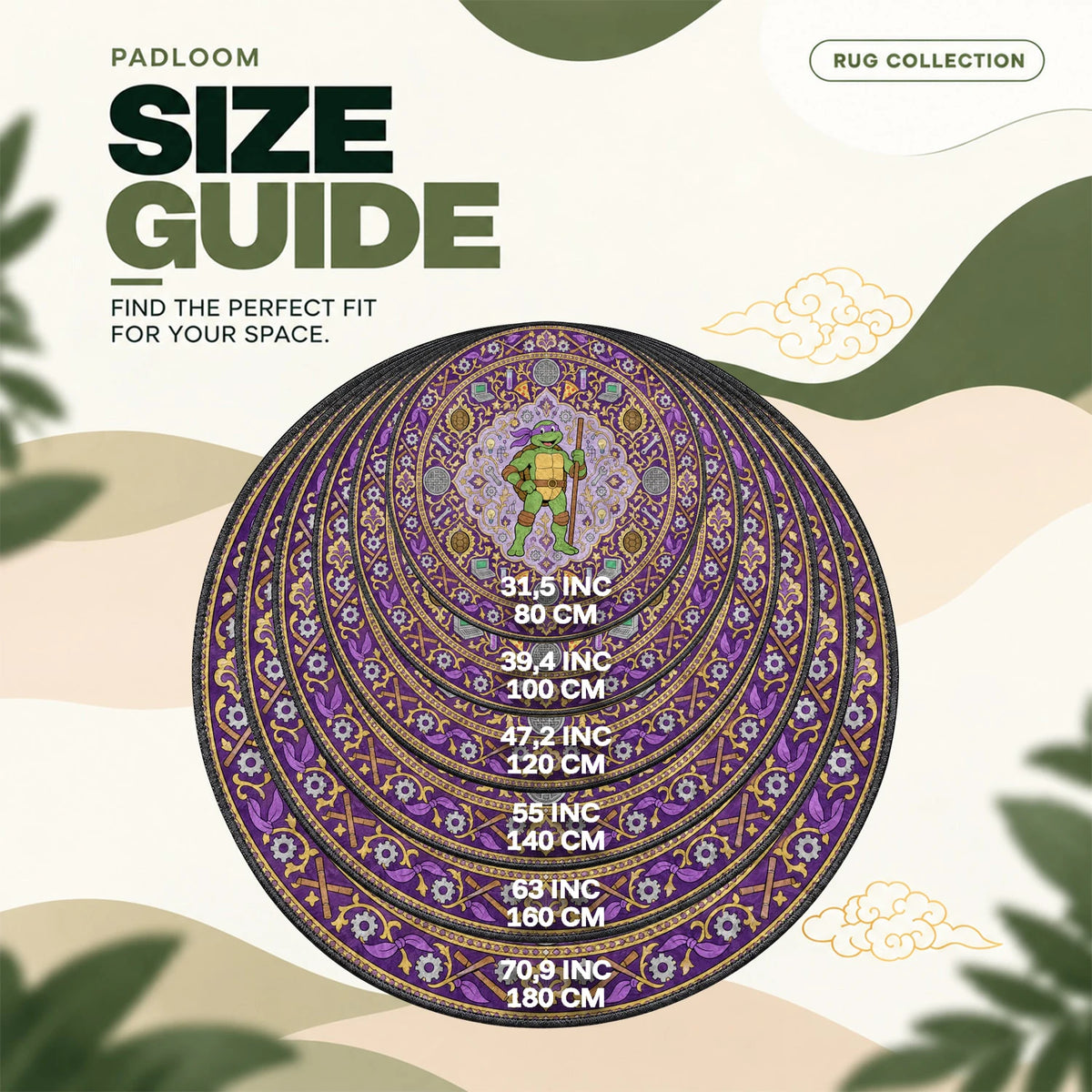 Donatello Medallion round rug size guide, 80 to 180 cm (31.5 to 70.9 in)