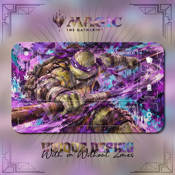 Donatello Violet TMNT MTG playmat, pink and purple art with play zones, 24 x 14 in