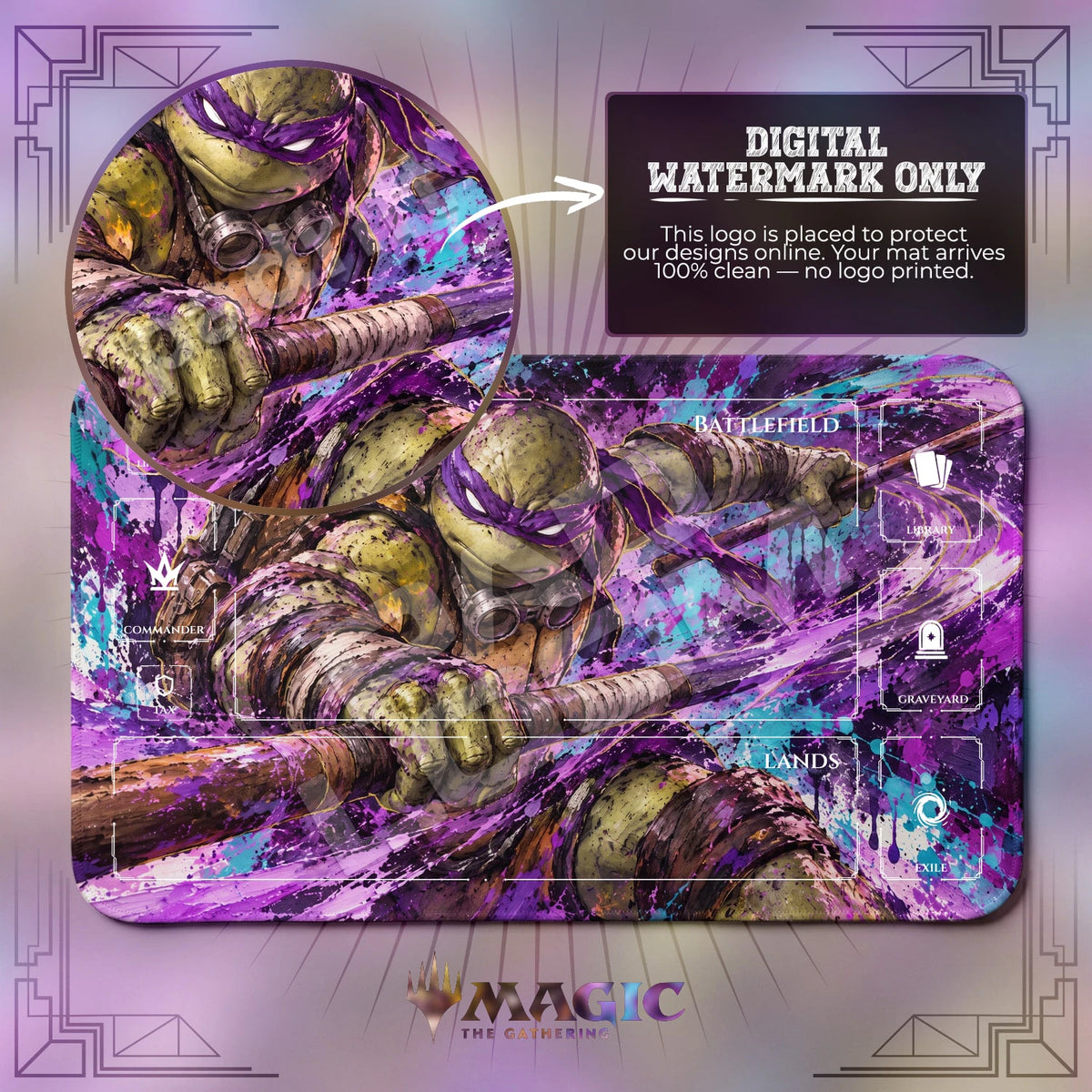 Donatello Violet TMNT MTG playmat with zones; the Padloom watermark is digital only, not printed