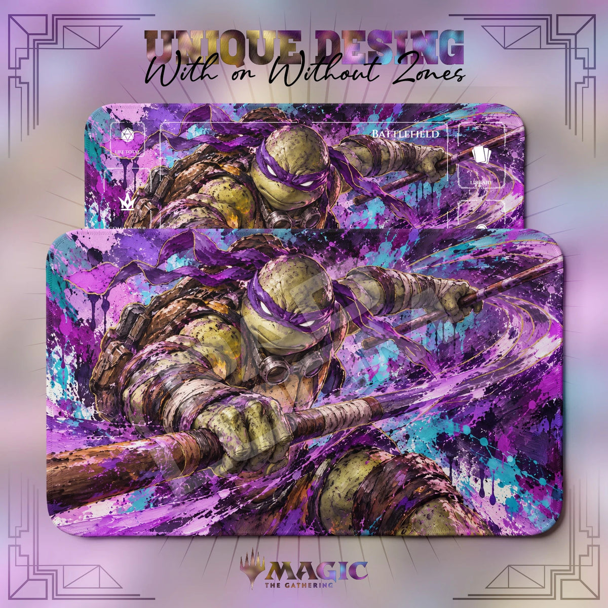 Donatello Violet TMNT MTG playmat shown with zones and without zones