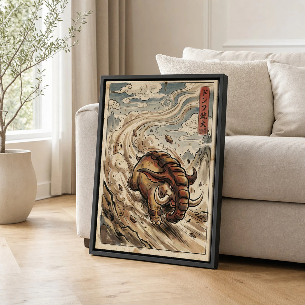 Donphan Charging Pokemon poster leaning beside a sofa - living room wall art
