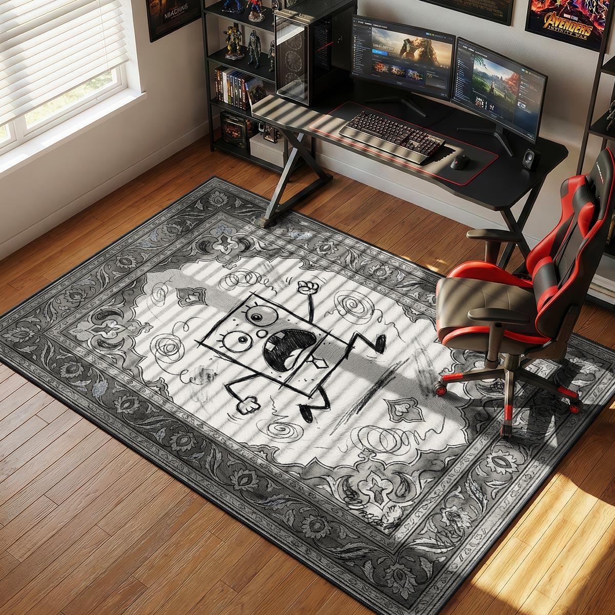 DoodleBob cartoon rug placed in a minimalist room with black furniture and white walls