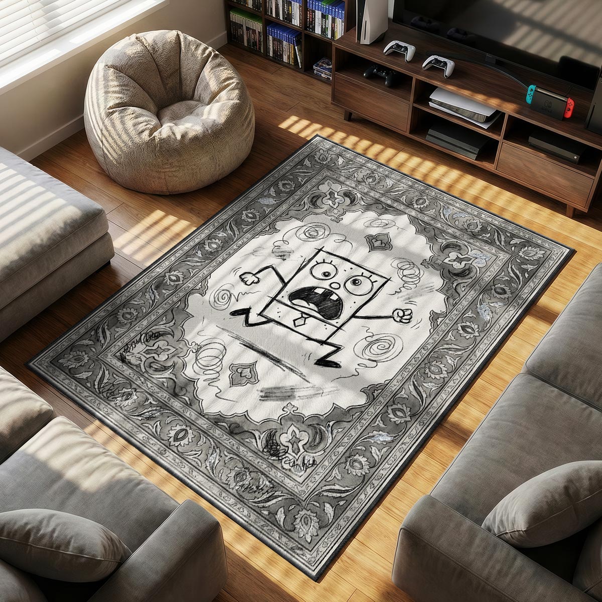 Close-up of DoodleBob rug showing pencil sketch line detail on velvet fiber surface