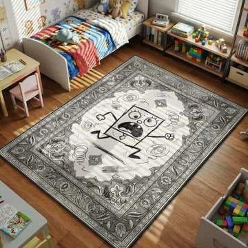 DoodleBob SpongeBob area rug with black and white sketch art on grey ornamental background