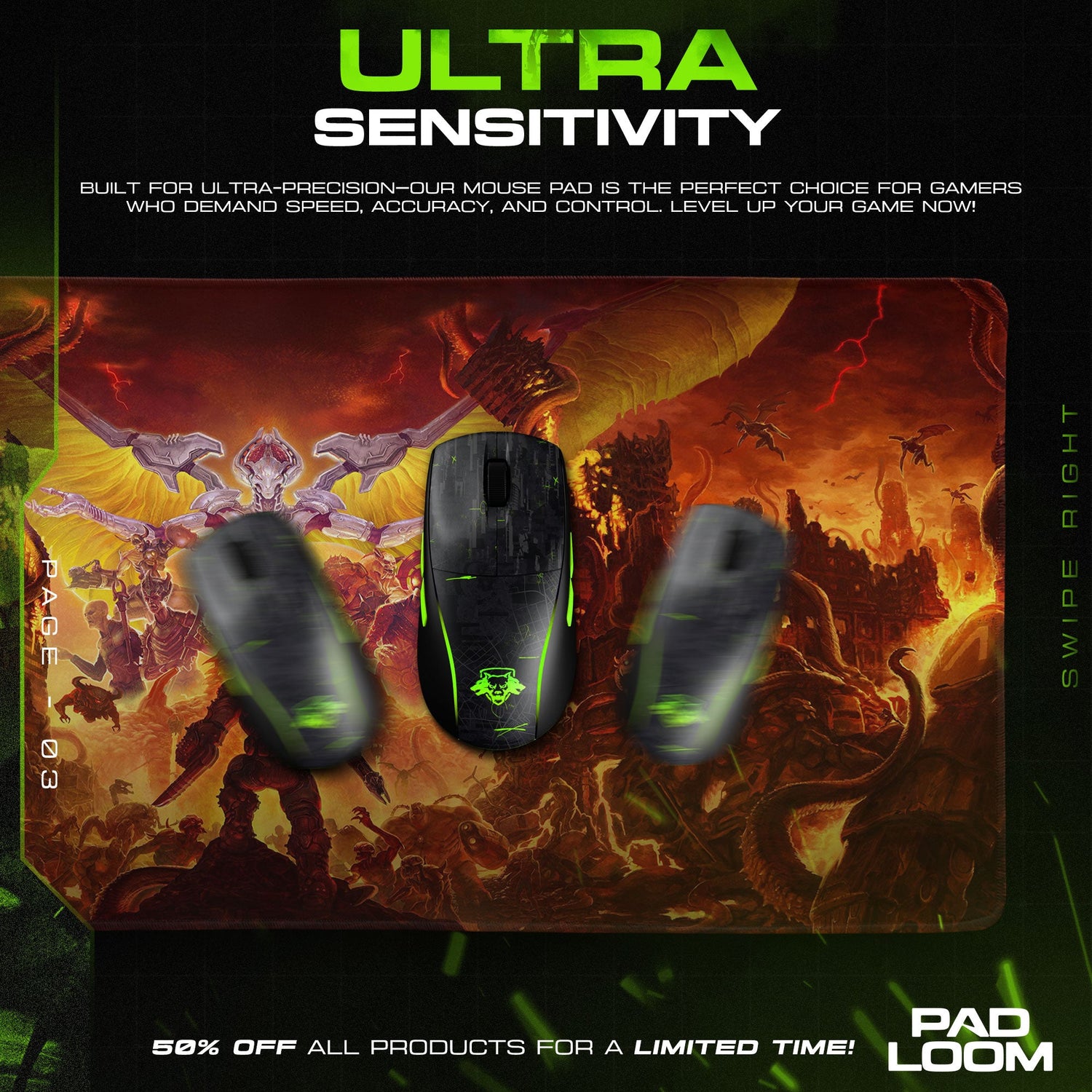 Doom Mouse Pad, Hellfire Battle Gamer Desk Mat Padloom