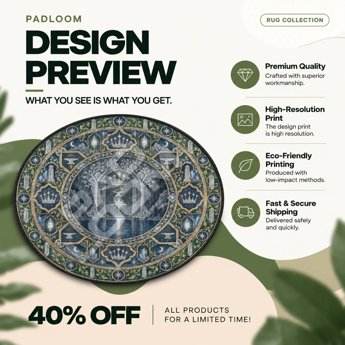 Doors of Durin Moonlit Lord of the Rings round rug full design preview