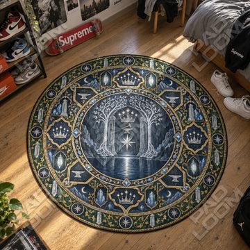 Doors of Durin Moonlit Lord of the Rings round rug on a bedroom floor - Lord of the Rings chair mat