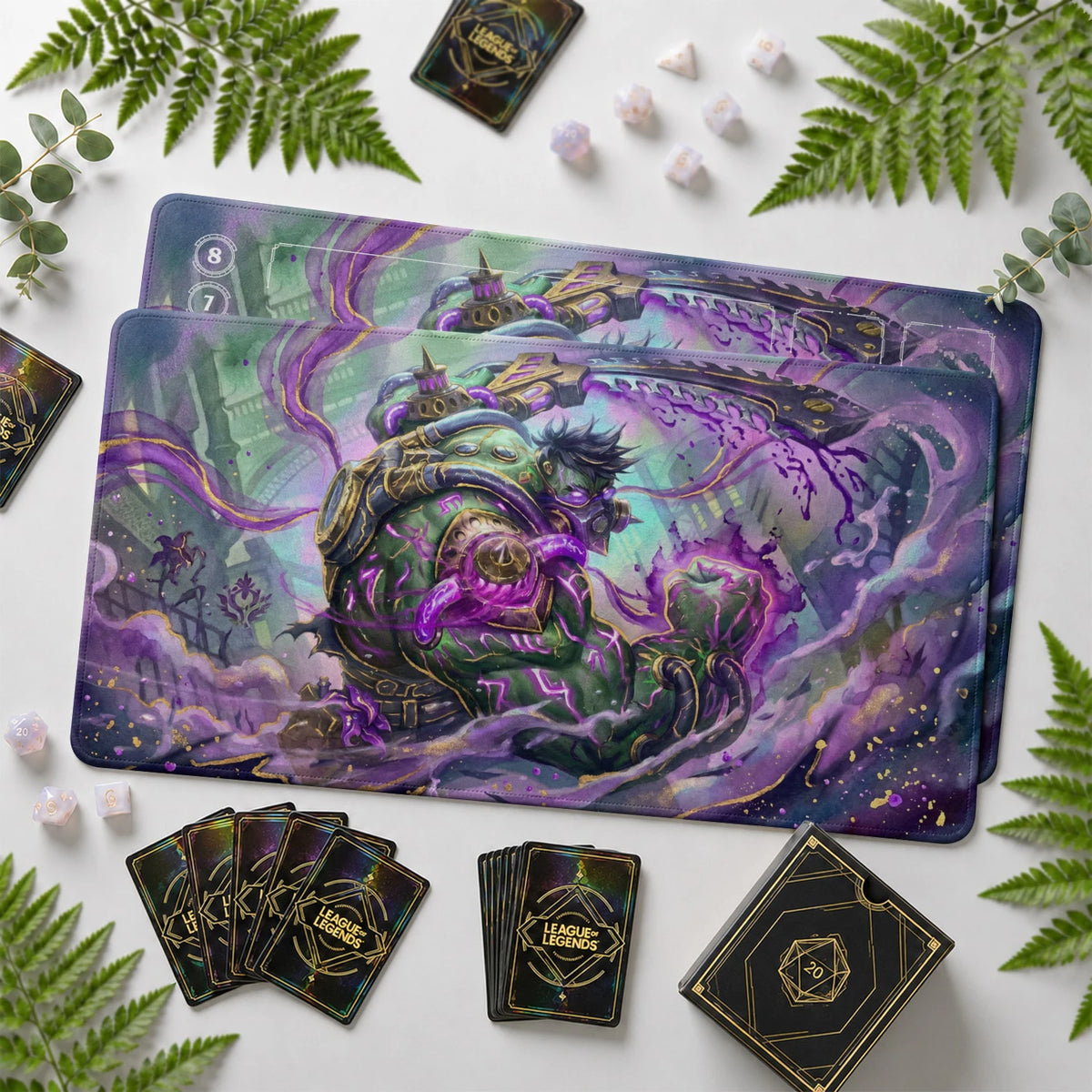 Dr. Mundo Blight Riftbound TCG playmat with card zones and score track – LoL game mat