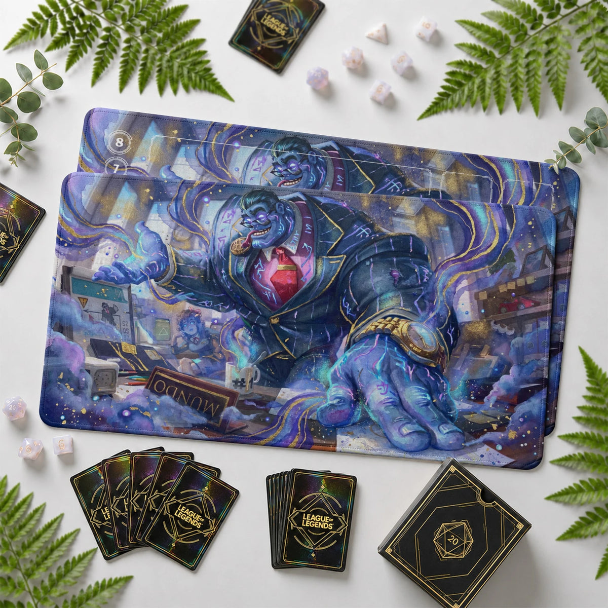 Dr. Mundo Mobster Riftbound TCG playmat with card zones and score track – LoL game mat