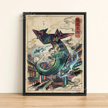 Dragapult Neon Pokemon poster - framed canvas wall art in a black frame