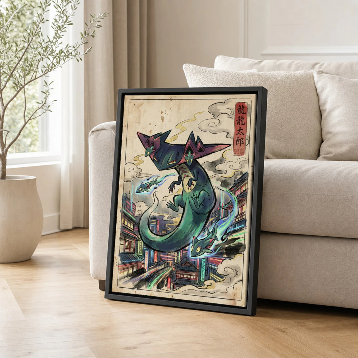 Dragapult Neon Pokemon poster leaning beside a sofa - living room wall art