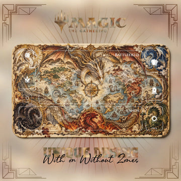 Dragon Atlas MTG playmat, orange and brown art with play zones, 24 x 14 in