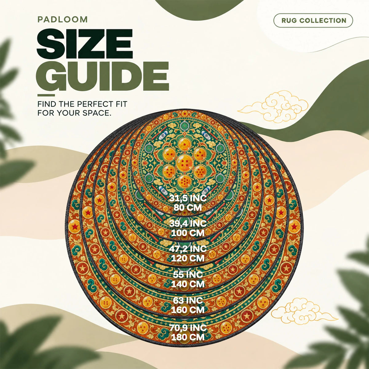 Dragon Balls Medallion round rug size guide, 80 to 180 cm (31.5 to 70.9 in)
