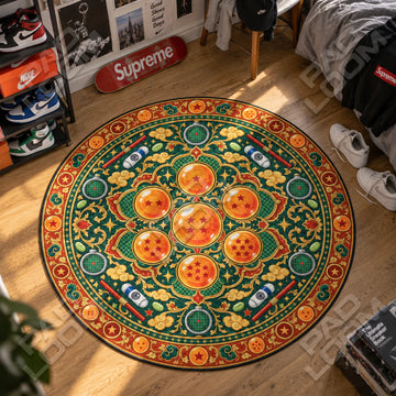 Dragon Balls Medallion Dragon Ball round rug on a bedroom floor - Dragon Ball chair mat