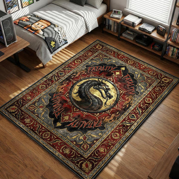Mortal Kombat dragon logo surrounded by Fatality text in red and gold ornate style gaming area rug and floor mat