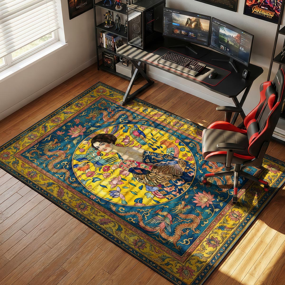 Chinoiserie dragon lady rug placed in a living room with dark wood furniture and brass accents