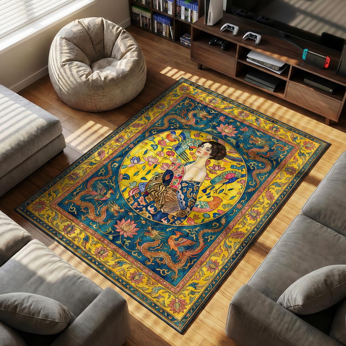 Close-up of chinoiserie portrait rug showing golden dragon detail and velvet surface texture