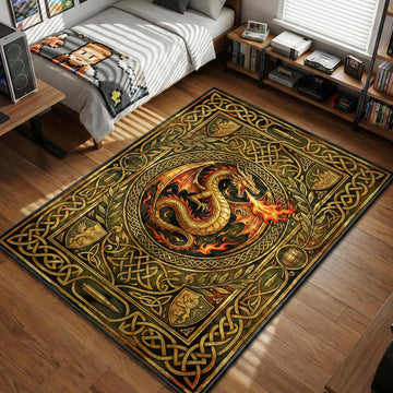 Golden dragon breathing fire with Celtic knots and bullets AWP skin art style gaming area rug and floor mat