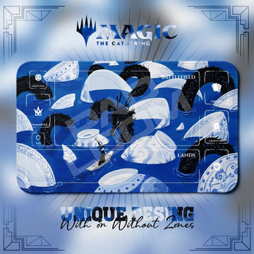 Dragon Porcelain MTG playmat, blue and white art with play zones, 24 x 14 in