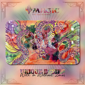 Dragon Rainbow MTG playmat, pink and red art with play zones, 24 x 14 in