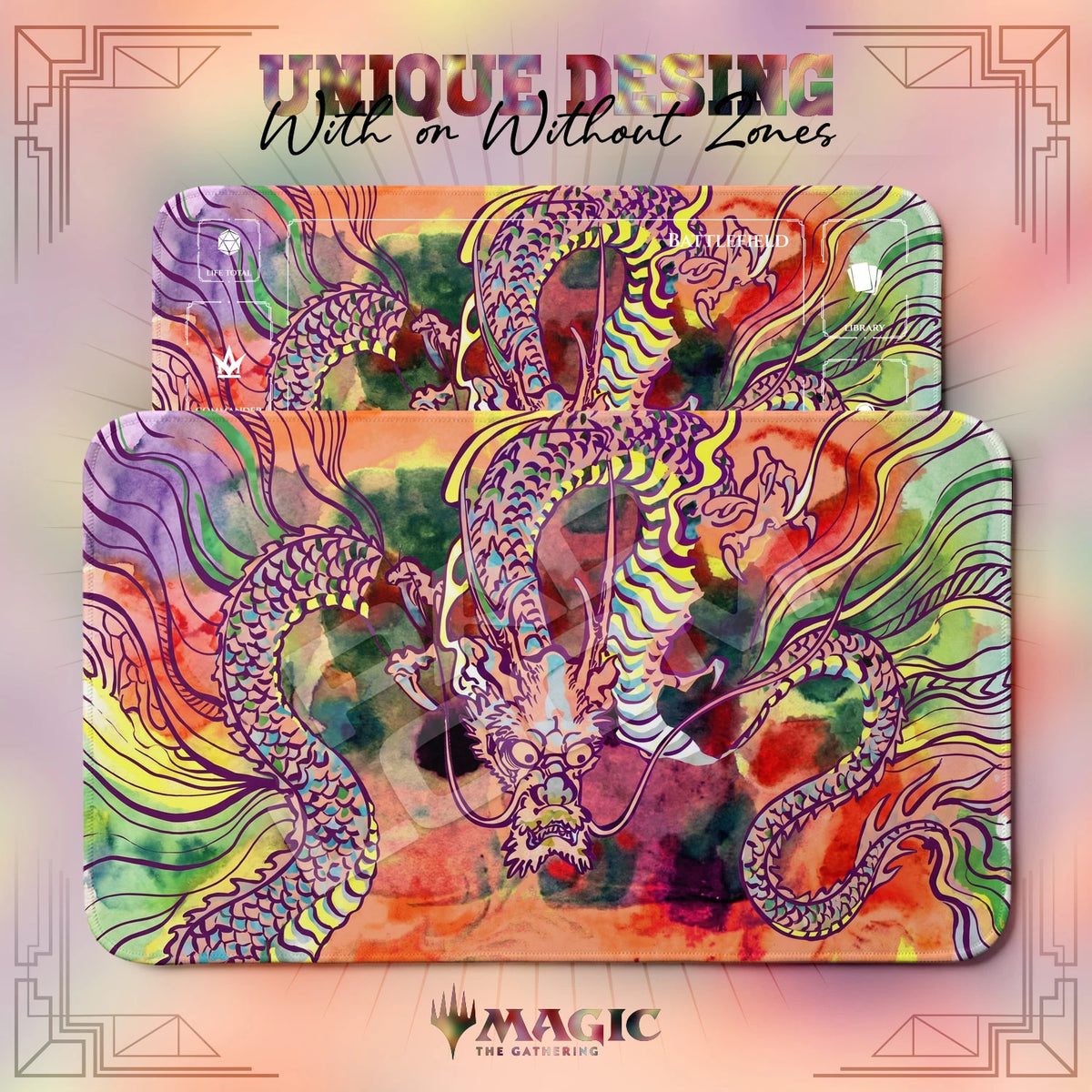Dragon Rainbow MTG playmat shown with zones and without zones