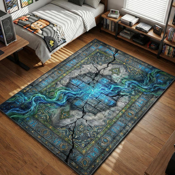 Glowing blue dragon runes on cracked stone wall texture Skyrim gaming area rug and floor mat