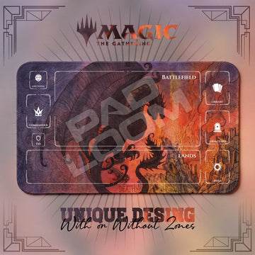 Dragon Tarot MTG playmat, red and pink art with play zones, 24 x 14 in