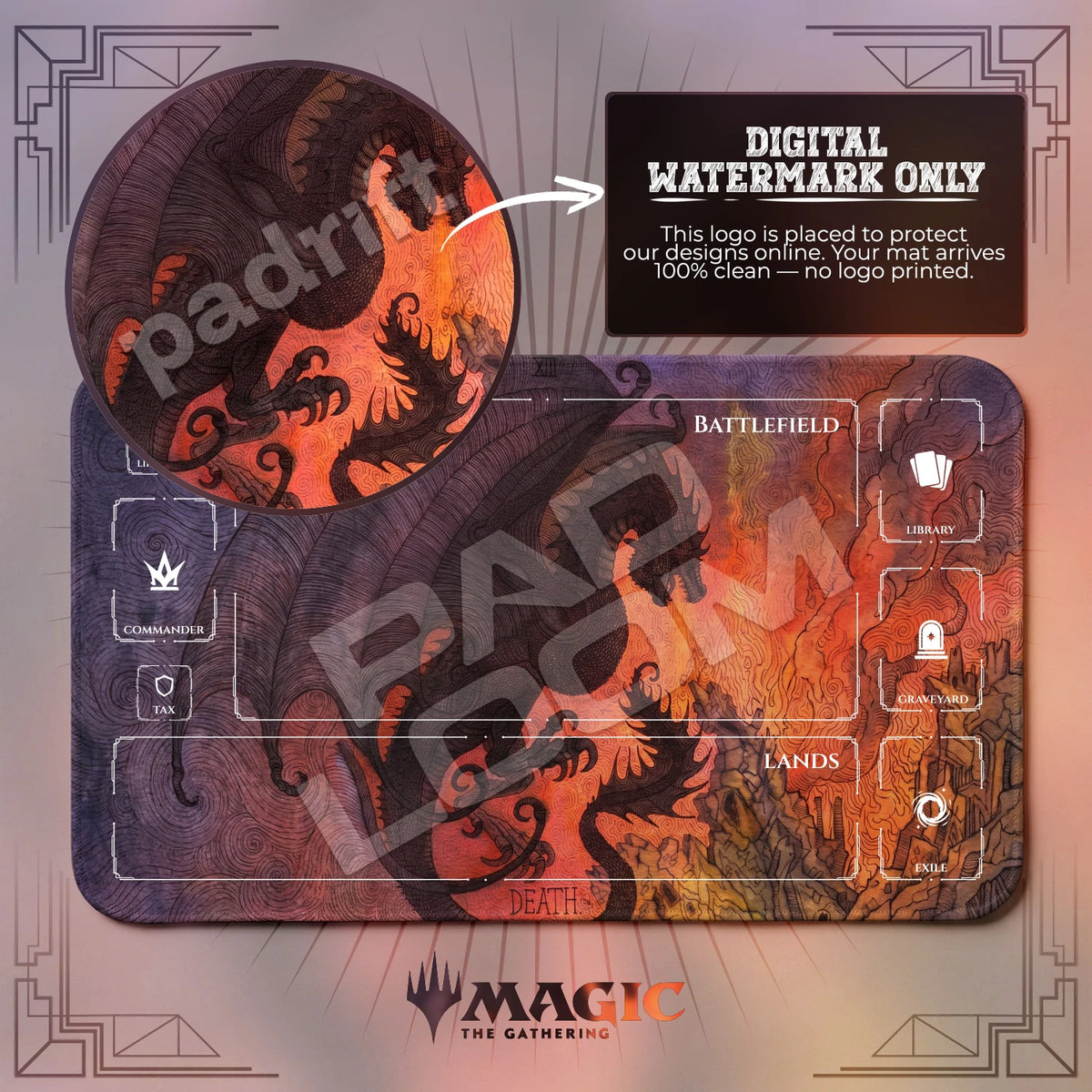 Dragon Tarot MTG playmat with zones; the Padloom watermark is digital only, not printed