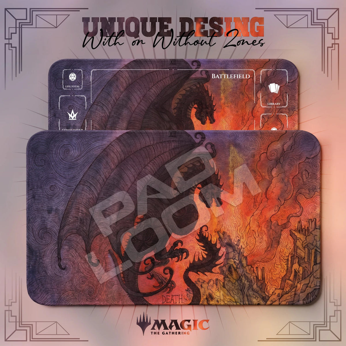 Dragon Tarot MTG playmat shown with zones and without zones